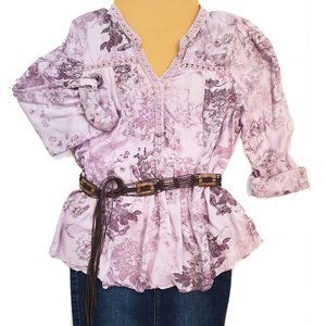 Vintage America Blues Purple Floral Print Blouse Convertible Sleeves Sz L